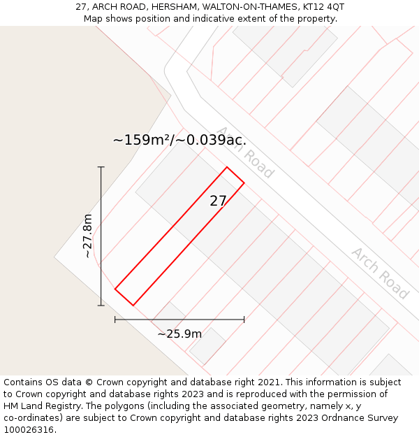 27, ARCH ROAD, HERSHAM, WALTON-ON-THAMES, KT12 4QT: Plot and title map