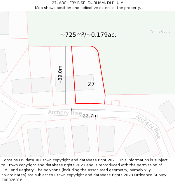 27, ARCHERY RISE, DURHAM, DH1 4LA: Plot and title map