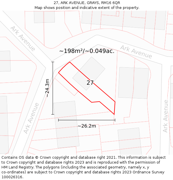 27, ARK AVENUE, GRAYS, RM16 6QR: Plot and title map