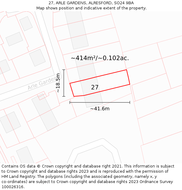 27, ARLE GARDENS, ALRESFORD, SO24 9BA: Plot and title map