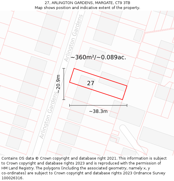 27, ARLINGTON GARDENS, MARGATE, CT9 3TB: Plot and title map