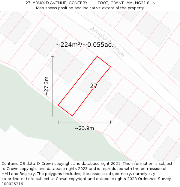 27, ARNOLD AVENUE, GONERBY HILL FOOT, GRANTHAM, NG31 8HN: Plot and title map