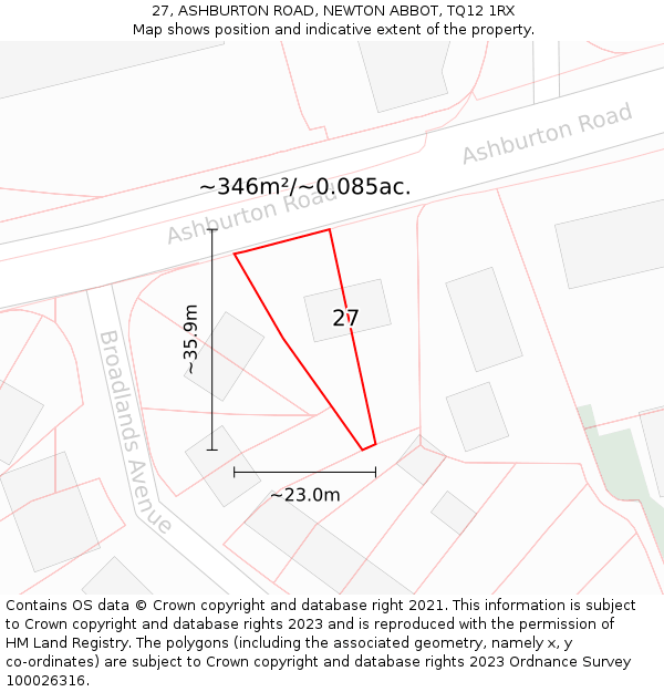 27, ASHBURTON ROAD, NEWTON ABBOT, TQ12 1RX: Plot and title map