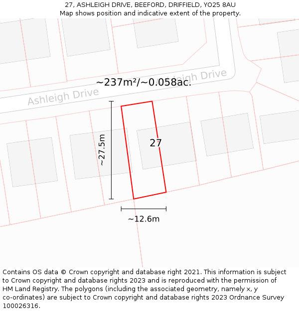 27, ASHLEIGH DRIVE, BEEFORD, DRIFFIELD, YO25 8AU: Plot and title map