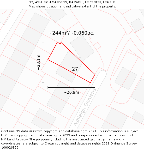 27, ASHLEIGH GARDENS, BARWELL, LEICESTER, LE9 8LE: Plot and title map