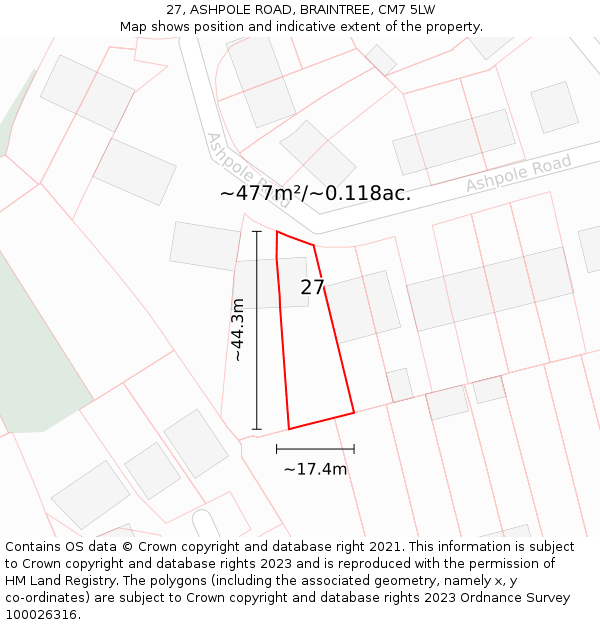 27, ASHPOLE ROAD, BRAINTREE, CM7 5LW: Plot and title map