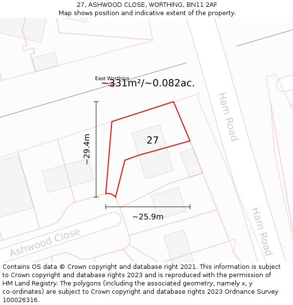 27, ASHWOOD CLOSE, WORTHING, BN11 2AF: Plot and title map