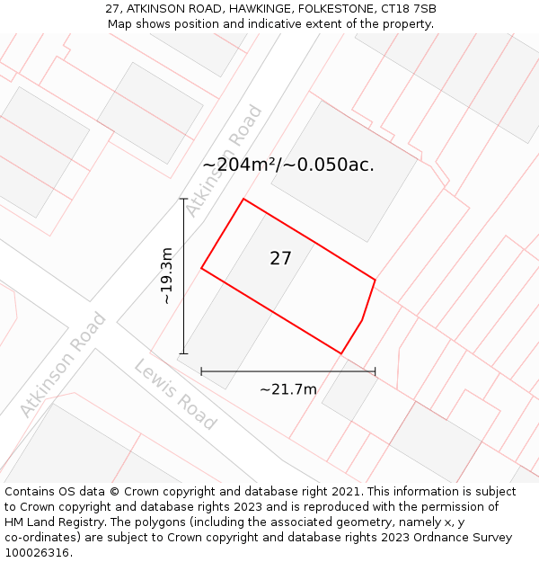 27, ATKINSON ROAD, HAWKINGE, FOLKESTONE, CT18 7SB: Plot and title map