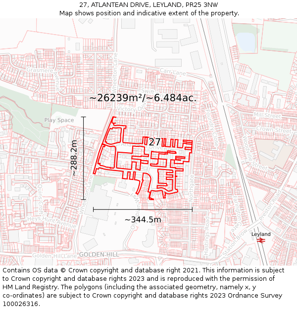 27, ATLANTEAN DRIVE, LEYLAND, PR25 3NW: Plot and title map