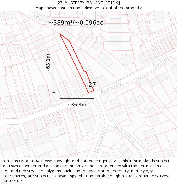 27, AUSTERBY, BOURNE, PE10 9JJ: Plot and title map