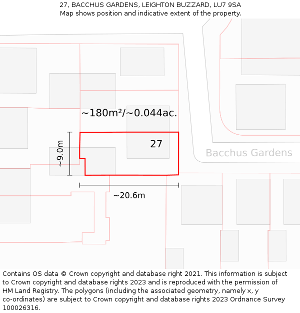 27, BACCHUS GARDENS, LEIGHTON BUZZARD, LU7 9SA: Plot and title map