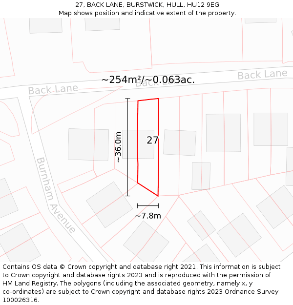 27, BACK LANE, BURSTWICK, HULL, HU12 9EG: Plot and title map