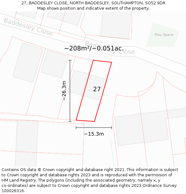 27, BADDESLEY CLOSE, NORTH BADDESLEY, SOUTHAMPTON, SO52 9DR: Plot and title map