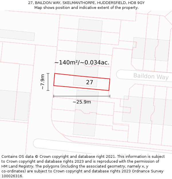 27, BAILDON WAY, SKELMANTHORPE, HUDDERSFIELD, HD8 9GY: Plot and title map