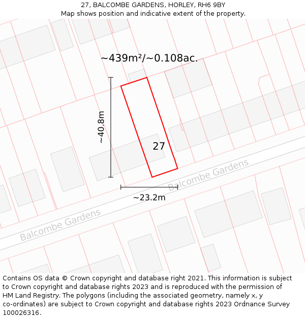 27, BALCOMBE GARDENS, HORLEY, RH6 9BY: Plot and title map