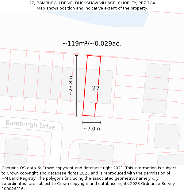 27, BAMBURGH DRIVE, BUCKSHAW VILLAGE, CHORLEY, PR7 7GX: Plot and title map