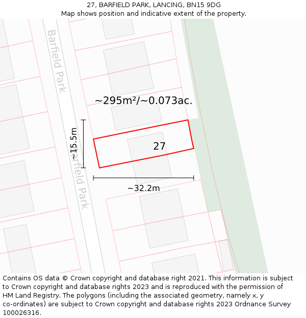 27, BARFIELD PARK, LANCING, BN15 9DG: Plot and title map