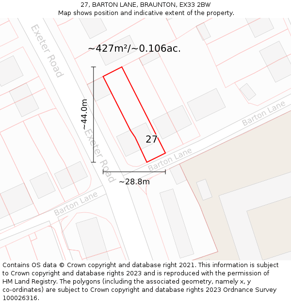 27, BARTON LANE, BRAUNTON, EX33 2BW: Plot and title map