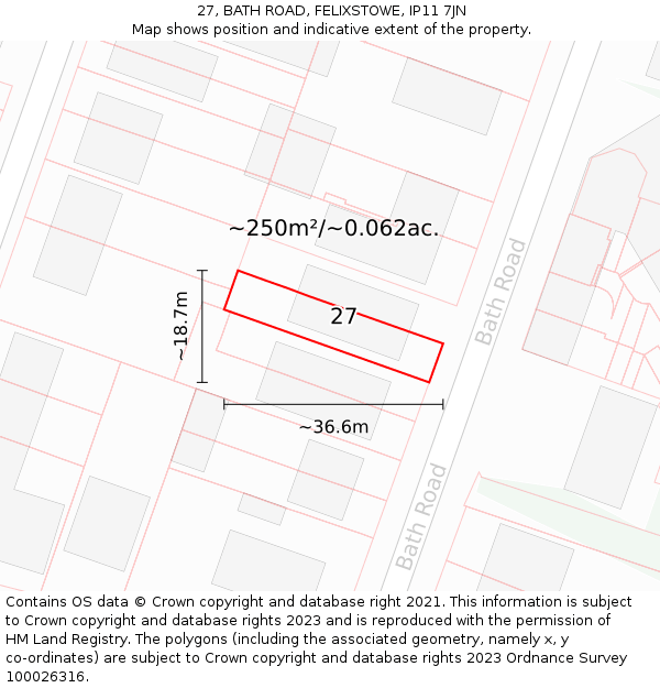 27, BATH ROAD, FELIXSTOWE, IP11 7JN: Plot and title map