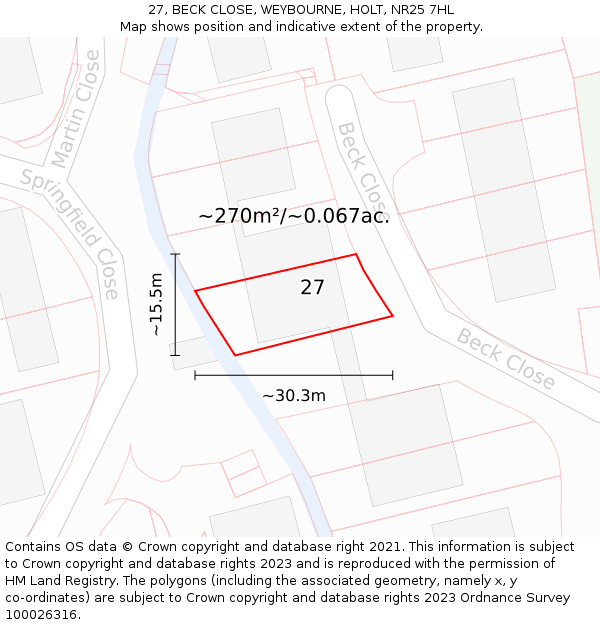 27, BECK CLOSE, WEYBOURNE, HOLT, NR25 7HL: Plot and title map