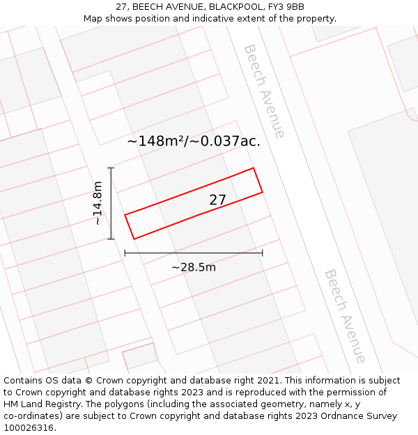 27, BEECH AVENUE, BLACKPOOL, FY3 9BB: Plot and title map