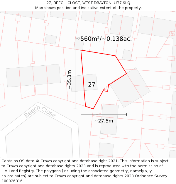 27, BEECH CLOSE, WEST DRAYTON, UB7 9LQ: Plot and title map