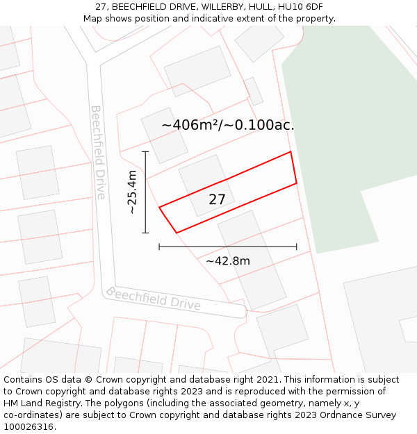 27, BEECHFIELD DRIVE, WILLERBY, HULL, HU10 6DF: Plot and title map