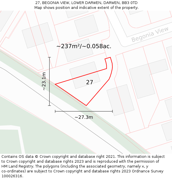 27, BEGONIA VIEW, LOWER DARWEN, DARWEN, BB3 0TD: Plot and title map