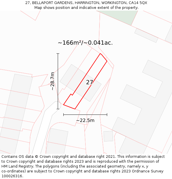 27, BELLAPORT GARDENS, HARRINGTON, WORKINGTON, CA14 5QX: Plot and title map