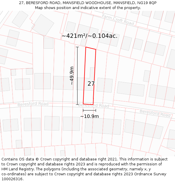 27, BERESFORD ROAD, MANSFIELD WOODHOUSE, MANSFIELD, NG19 8QP: Plot and title map