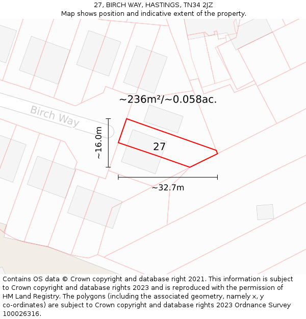 27, BIRCH WAY, HASTINGS, TN34 2JZ: Plot and title map