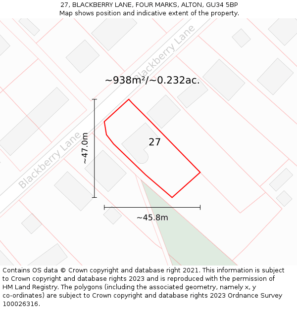 27, BLACKBERRY LANE, FOUR MARKS, ALTON, GU34 5BP: Plot and title map