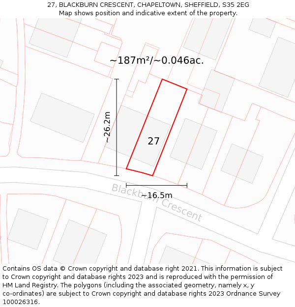 27, BLACKBURN CRESCENT, CHAPELTOWN, SHEFFIELD, S35 2EG: Plot and title map