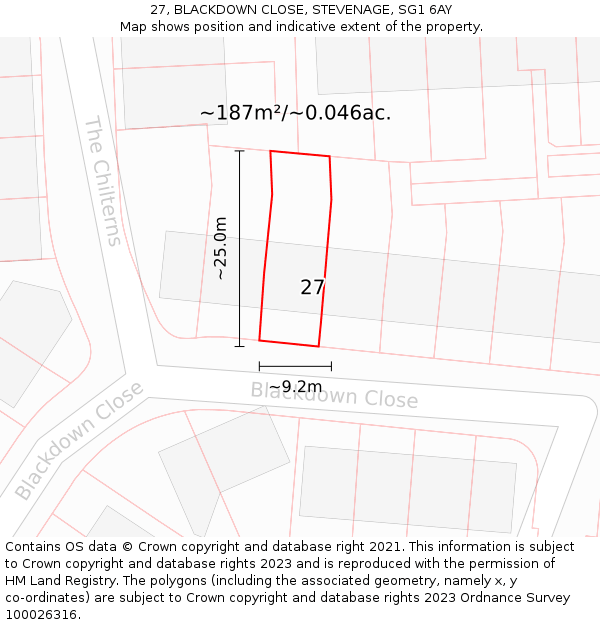 27, BLACKDOWN CLOSE, STEVENAGE, SG1 6AY: Plot and title map