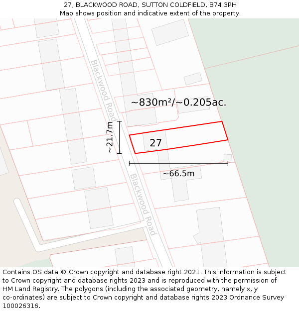 27, BLACKWOOD ROAD, SUTTON COLDFIELD, B74 3PH: Plot and title map