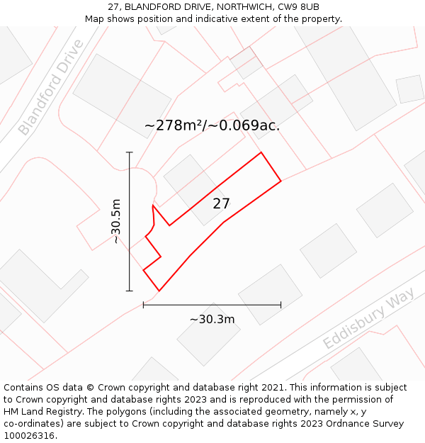 27, BLANDFORD DRIVE, NORTHWICH, CW9 8UB: Plot and title map