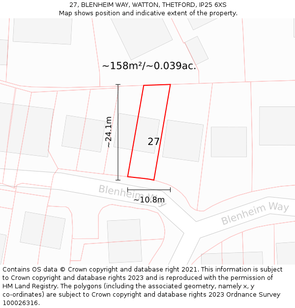 27, BLENHEIM WAY, WATTON, THETFORD, IP25 6XS: Plot and title map