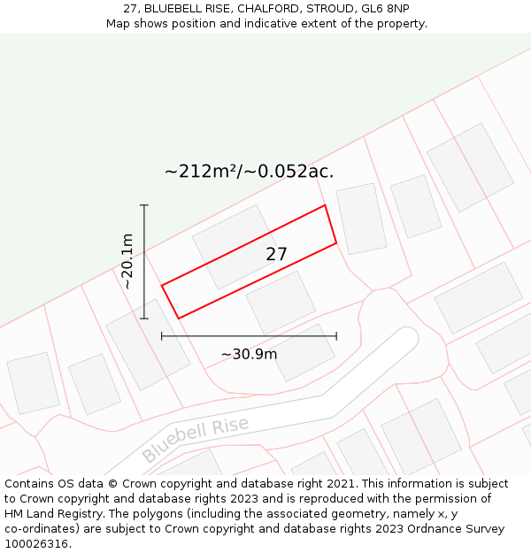 27, BLUEBELL RISE, CHALFORD, STROUD, GL6 8NP: Plot and title map