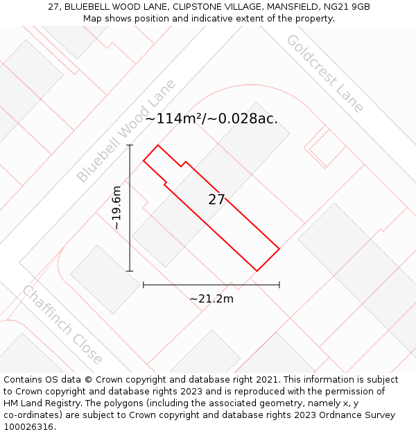27, BLUEBELL WOOD LANE, CLIPSTONE VILLAGE, MANSFIELD, NG21 9GB: Plot and title map