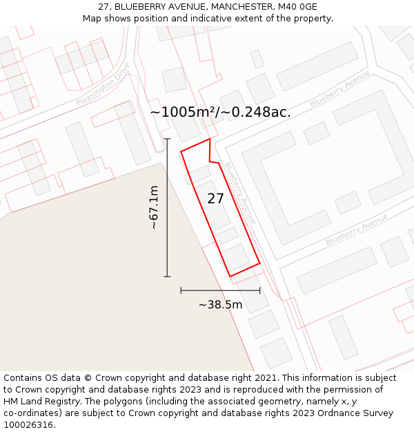 27, BLUEBERRY AVENUE, MANCHESTER, M40 0GE: Plot and title map