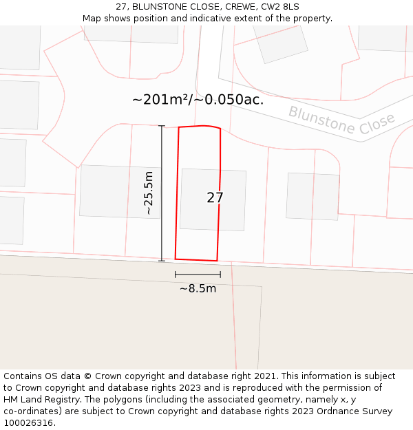 27, BLUNSTONE CLOSE, CREWE, CW2 8LS: Plot and title map