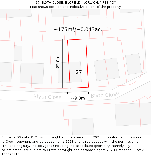 27, BLYTH CLOSE, BLOFIELD, NORWICH, NR13 4QY: Plot and title map