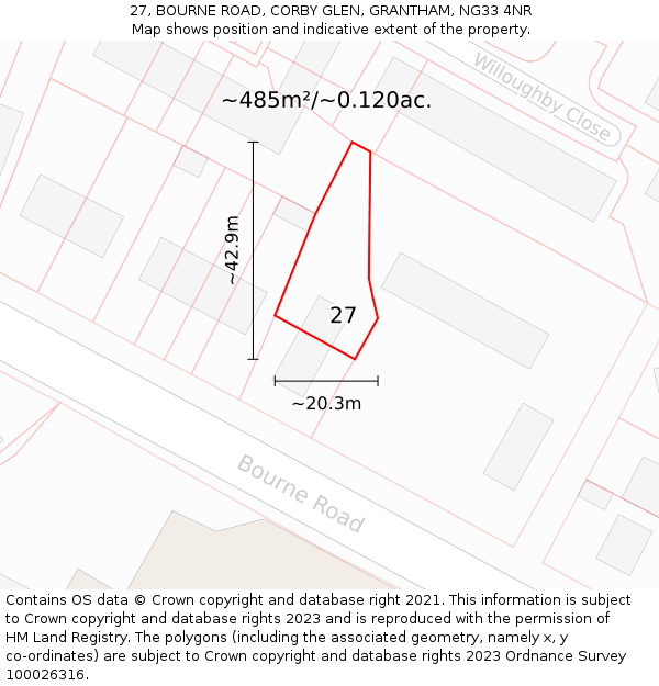 27, BOURNE ROAD, CORBY GLEN, GRANTHAM, NG33 4NR: Plot and title map