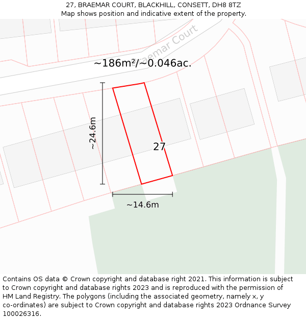 27, BRAEMAR COURT, BLACKHILL, CONSETT, DH8 8TZ: Plot and title map