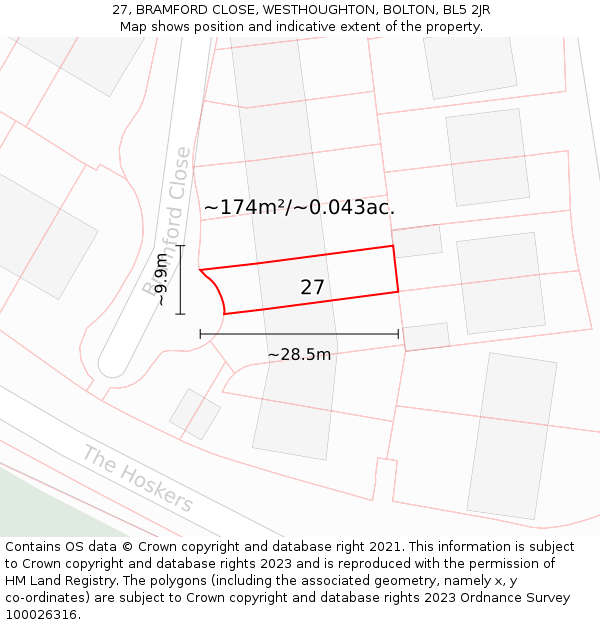 27, BRAMFORD CLOSE, WESTHOUGHTON, BOLTON, BL5 2JR: Plot and title map