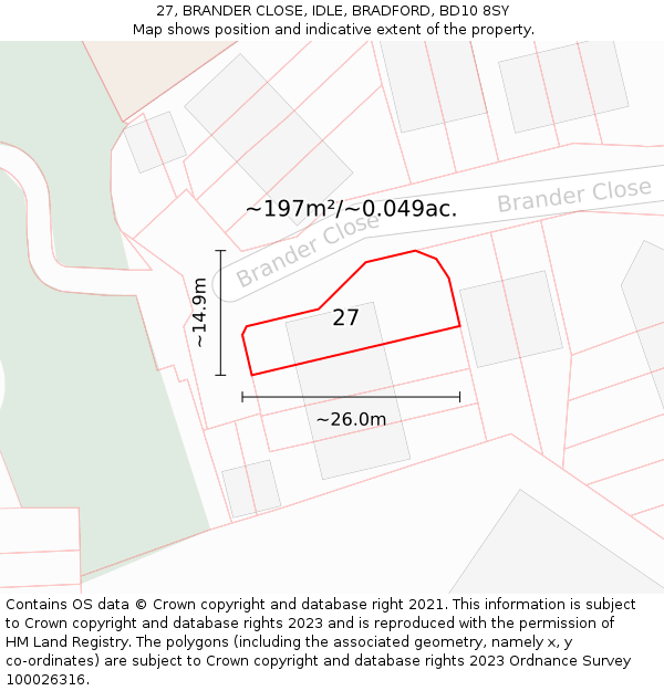 27, BRANDER CLOSE, IDLE, BRADFORD, BD10 8SY: Plot and title map