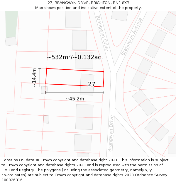 27, BRANGWYN DRIVE, BRIGHTON, BN1 8XB: Plot and title map