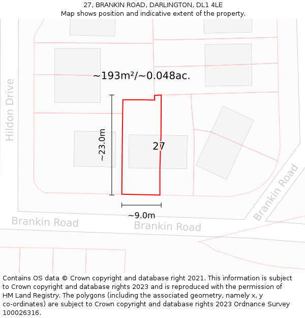 27, BRANKIN ROAD, DARLINGTON, DL1 4LE: Plot and title map