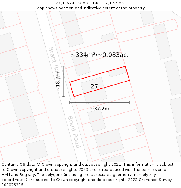 27, BRANT ROAD, LINCOLN, LN5 8RL: Plot and title map