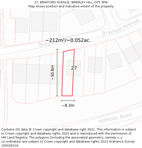 27, BRAYFORD AVENUE, BRIERLEY HILL, DY5 3PW: Plot and title map